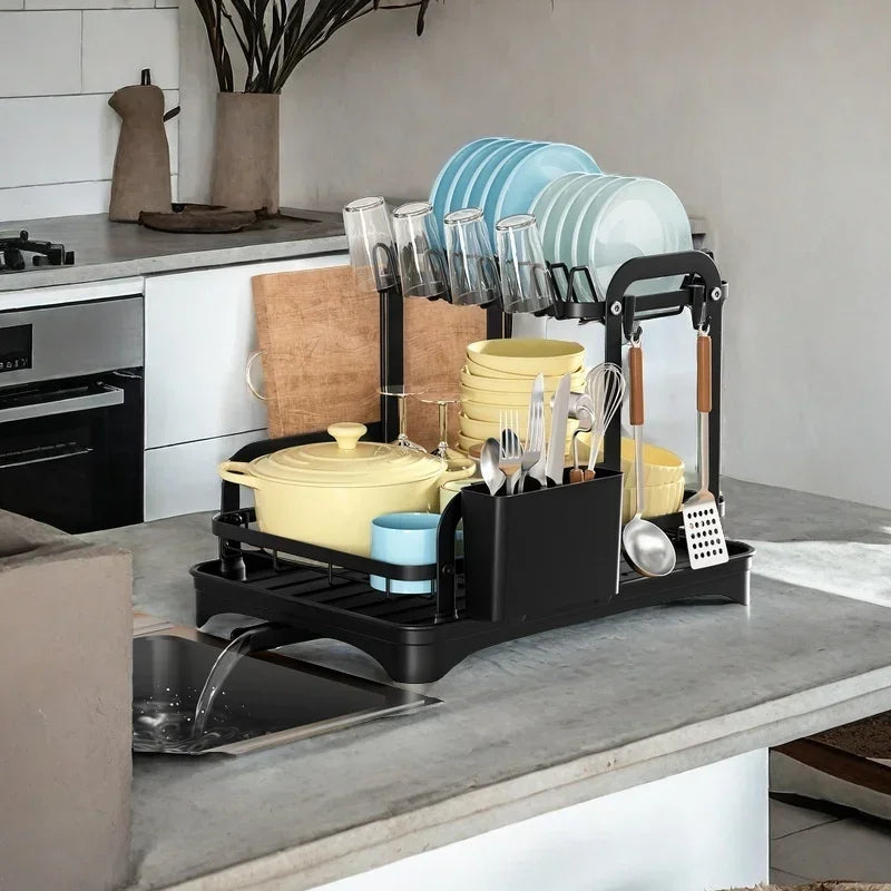 Kitchen Dish Storage Rack Multifunctional Countertop Organizer with Drainer for Bowls and Utensils Space Saving Home Essentials