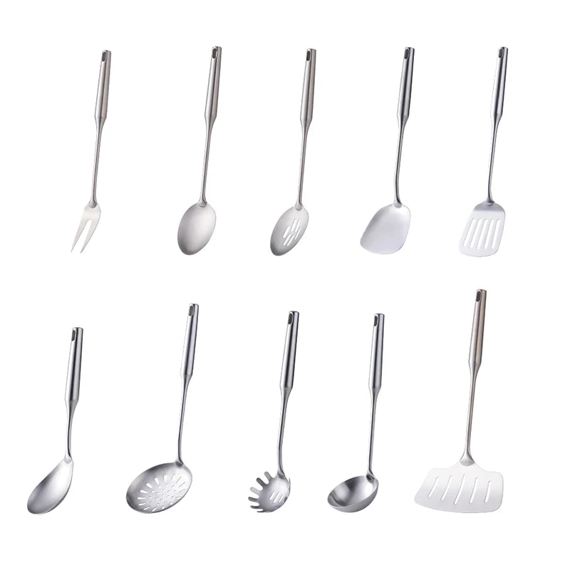 1/7/10Pcs Kitchen Utensils Cooking tools Stainless Steel Shovels Turner Ladle Soup Spoon Colander Filter Silver for Restaurant