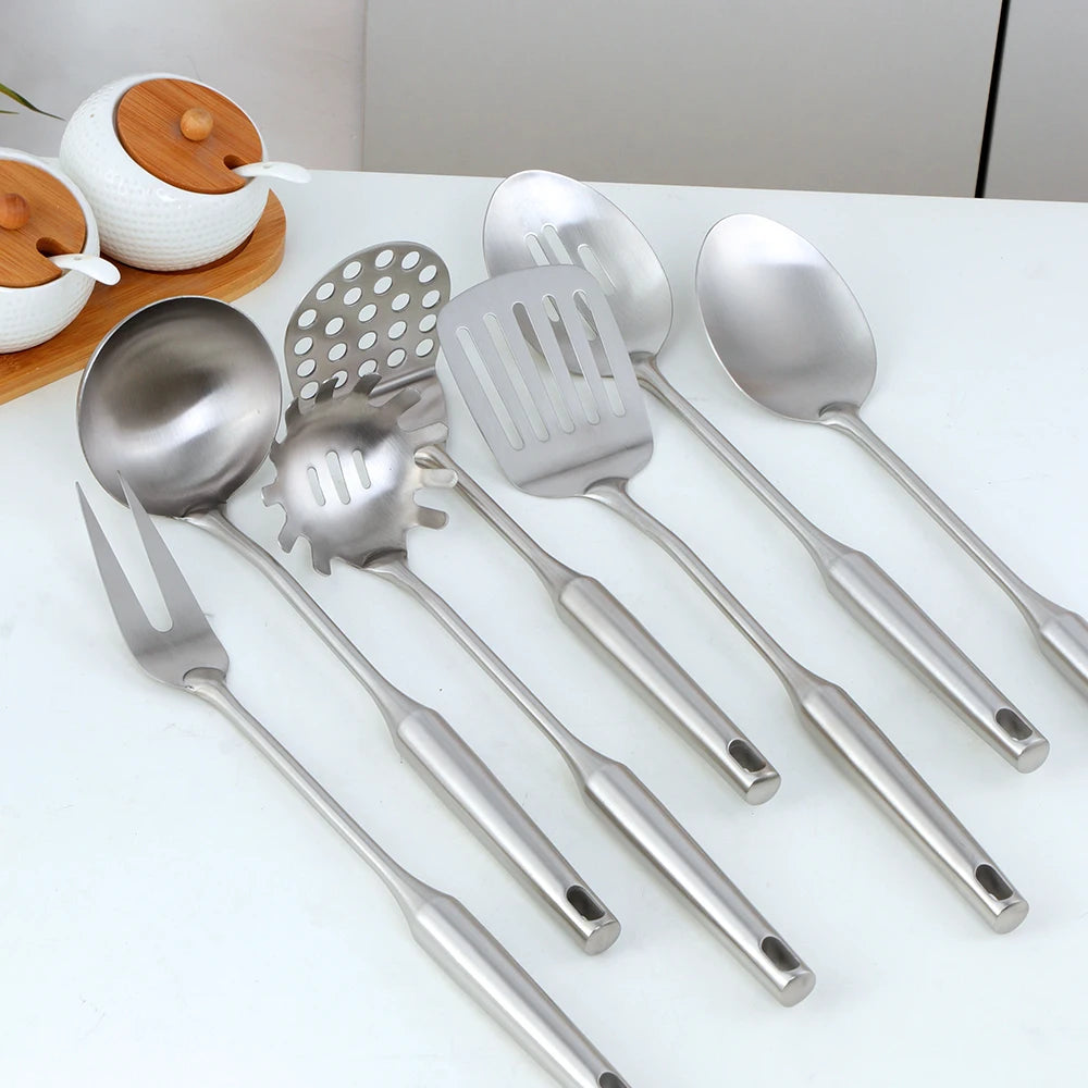 1/7/10Pcs Kitchen Utensils Cooking tools Stainless Steel Shovels Turner Ladle Soup Spoon Colander Filter Silver for Restaurant