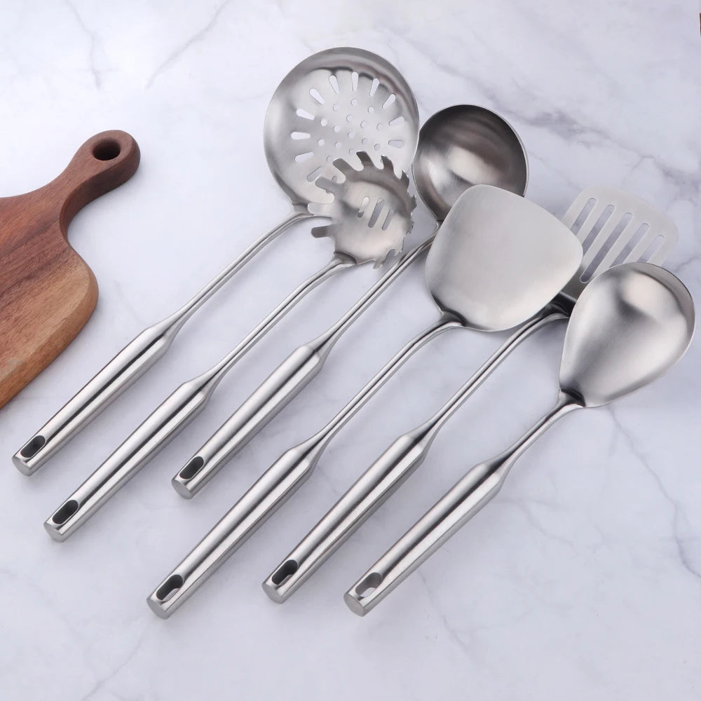 1/7/10Pcs Kitchen Utensils Cooking tools Stainless Steel Shovels Turner Ladle Soup Spoon Colander Filter Silver for Restaurant