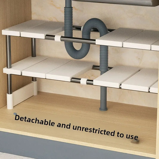 Kitchen Bathroom Cabinet Organizer Durable Multi-Layer Space-Saving Pot Holder Adjustable Under Sink Storage Rack Expandable