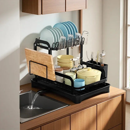 Kitchen Dish Storage Rack Multifunctional Countertop Organizer with Drainer for Bowls and Utensils Space Saving Home Essentials